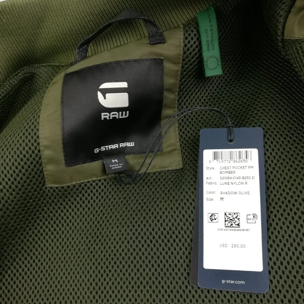 NWT G Star Raw Bomber Jacket Chest Pocket BM Full Zip Green Mens Medium $290